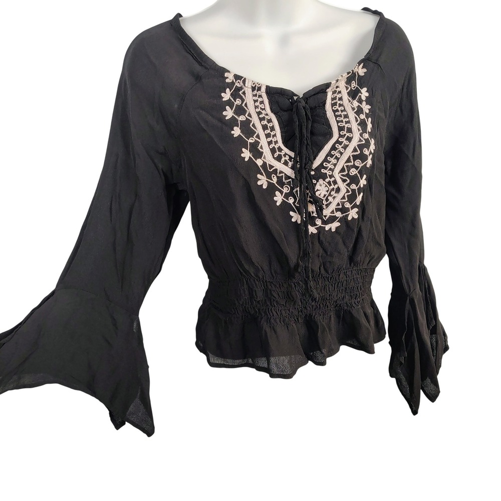 Womens‎ S Faded Glory Peasant Blouse Black Rayon Embroidered Boho Cottagecore